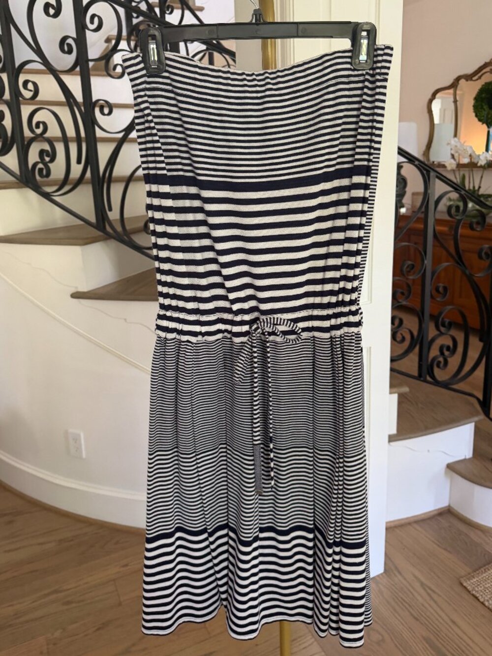 Lacoste Navy and White Striped Strapless Dress | Size 38